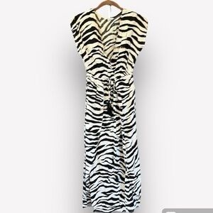 🇪🇸 Blue Island Black White Tan Zebra Animal Print Maxi Dress – V Neck Tassel Tie